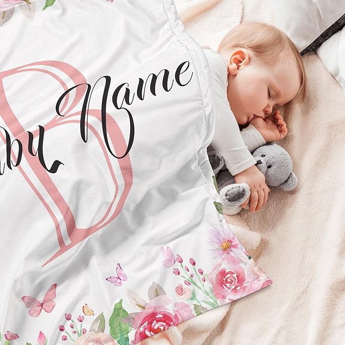 Custom Floral Rose Blanket with Name Personalized Name Blanket for Girl Newborn New Baby Customized Gifts for Baby Shower Christmas Birthday