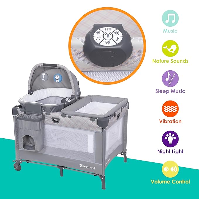 Baby Trend Lullaby Nursery Suite EZ-Fold Playard with Portable Rocking Lounger, Madrid Plaid