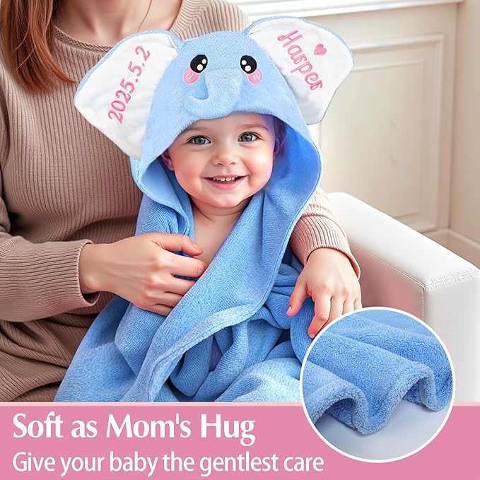 Custom Hooded Bath Towel with Name, Personalized Highly Absorbent Elephant Towels, Baby Bath Towels for Girls Boys, Christmas Brithday for Baby, Toddler, Newborn (Blue)
