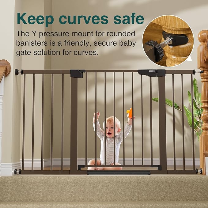 Cumbor 29.7-54.2" Wide Baby Gate for Stairs, Mom's Choice Awards Winner-Self Closing Dog Gate Indoor for Doorways, No Drilling Pressure Mounted Pet Gates for Kids, Easy Walk Through Safety Gate, Brown