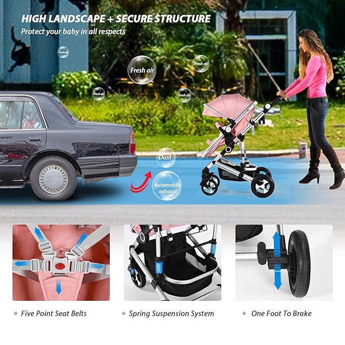 Kinder King 3 in 1 Reversible Baby Stroller w/Detachable Tray, Convert to Newborn Pram, Folding Infant Carriage for Toddler, Adjustable Canopy & Handle, Aluminum Alloy, Suspension Wheels