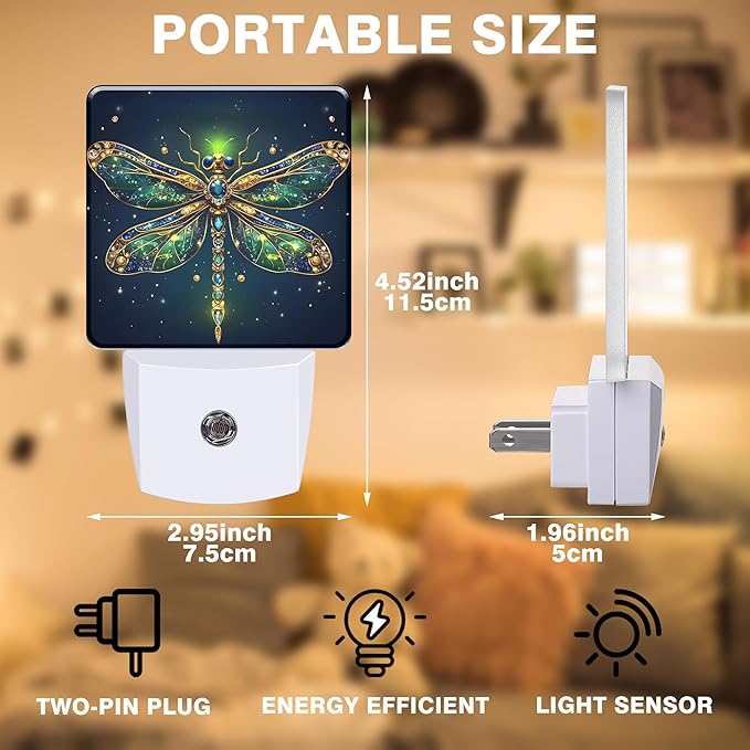 Golden Dragonfly Night Light, Plug-in Nightlight with Dusk to Dawn Auto Sensor for Home Bedroom Hallway Stairway Kitchen 0.5W Sleep Friendly Led Lamp for Women Men