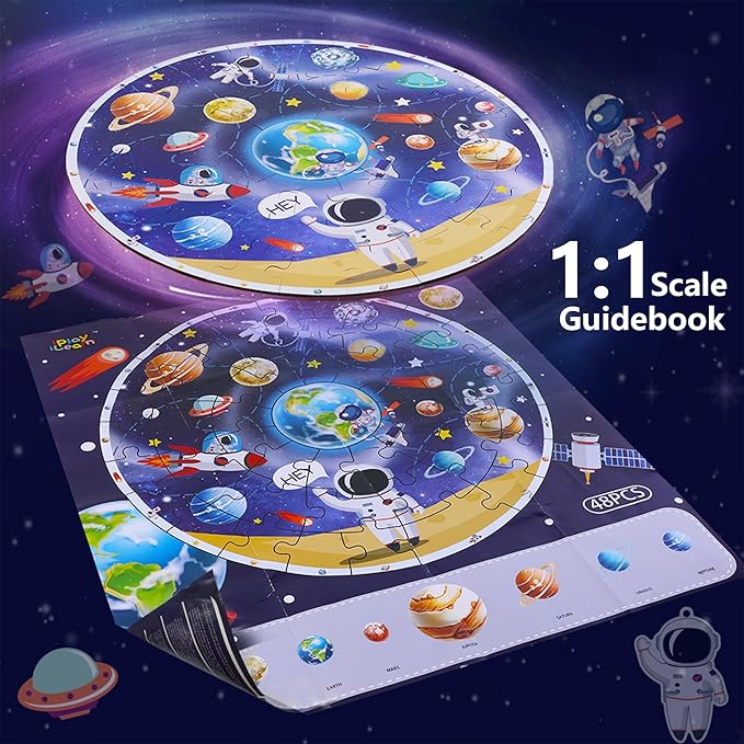 iPlay, iLearn Floor Puzzles for Kids Ages 3-6, Jigsaw Puzzle for kids Ages 4-8, Toddler Large Wooden Learning Toy, Educational Round Planets, Solar System Birthday Gift for 5-7 Year Old Boy Girl Child