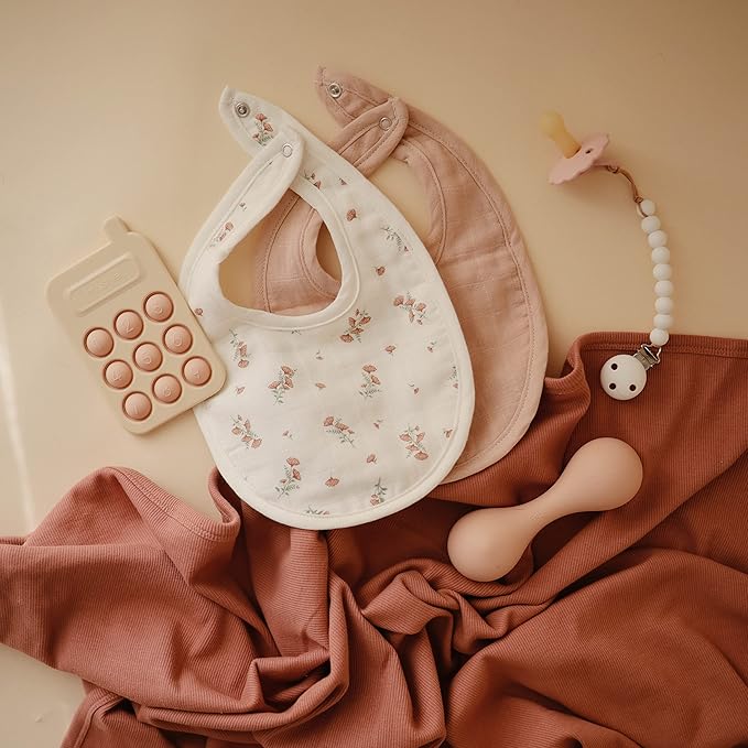 mushie Muslin Baby Bib | Soft Cotton for Infant Drips, Drools & Feedings | Adjustable Fit | 2 Pack