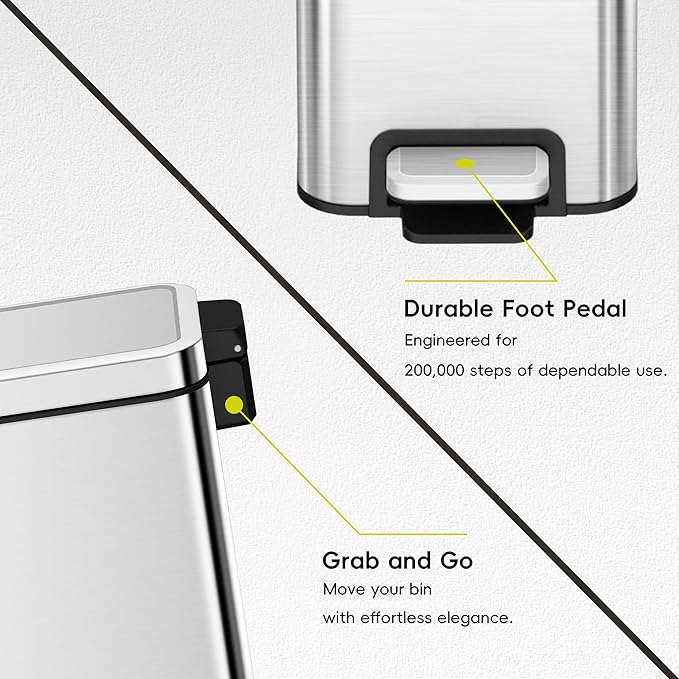 EKO Small Bathroom Trash Can with Lid Soft Close, Step Pedal, 6 Liter / 1.6 Gallon Stainless Steel Garbage Can with Removable Inner Bucket, Anti-Fingerprint Finish (Silver)