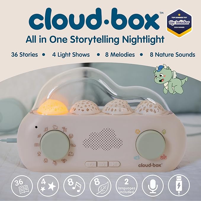 Cloudb Cloudbox Dreambox Storytime Audio Story Books Toy Gift for Toddlers Kids Girls Boys | English/Spanish Voice Record Storyteller | 36 Stories, 8 Melodies, Star Projector Night Light White Noise