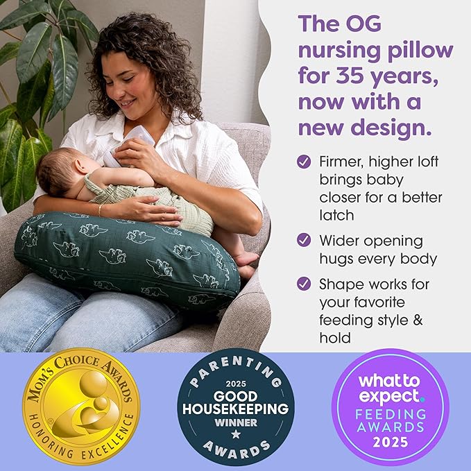 Boppy Nursing Pillow - Ergonomic Bottle & Breastfeeding Pillow with High, Firm, Large Area, Water-Repellent Cushion with Washable Cover; Baby Safety Alliance Verified - Forest Green Dinos