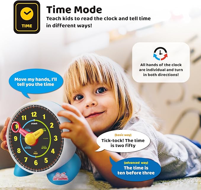 BEST LEARNING Learning Clock - Educational Talking Learn to Tell Time Teaching Toy with Quiz and Music Sleep Mode - Toddlers & Kids Ages 3, 4, 5, 6 Years Old Boy and Girl Birthday Present