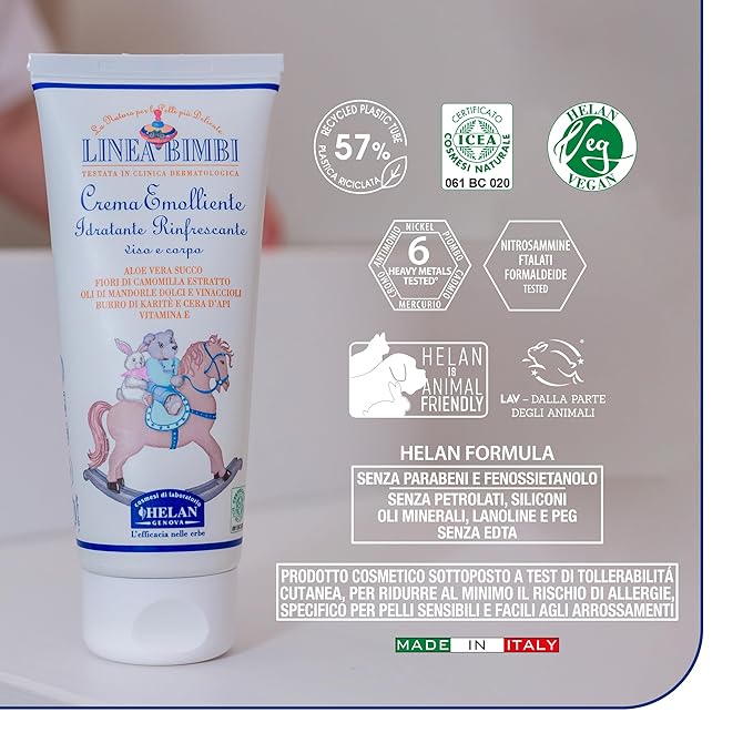 Helan Linea Bimbi- Soothing Baby Lotion for Face & Body with Vitamin E, Aloe Vera & Beeswax, Moisturizing & Refreshing Baby Cream for Delicate Skin, Baby Essentials for Newborn, Made in Italy 100fl oz
