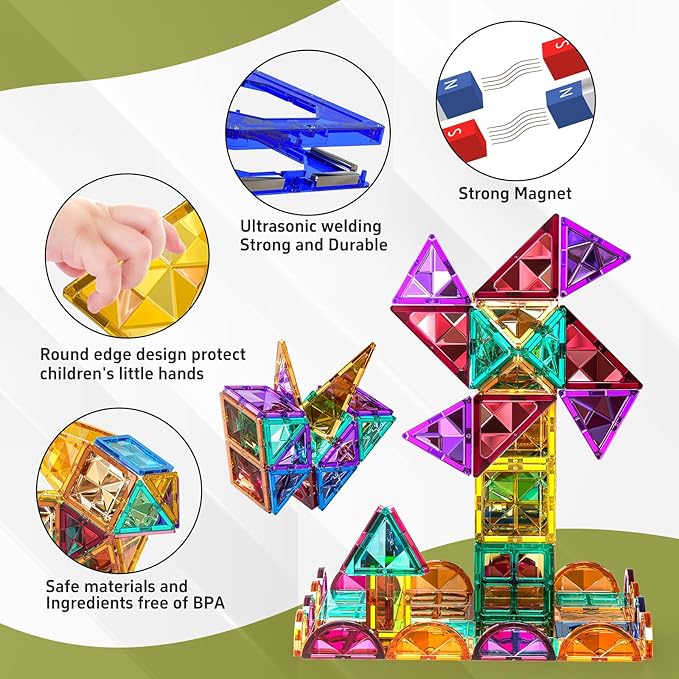 180 PCS Magnetism Blocks Tiles for Kids Ages 3 4 5 6 7 8+, Building Set for Toddlers 3-5 4-8, Stacking Blocks, Educational Construction Toy for Boys and Girls, Creative Play Birthday Gifts 2-4