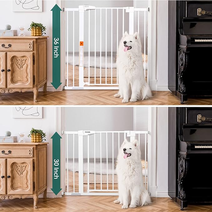 BABELIO 36" Tall Dog Gate PressGuard C5, 26-40" Wide Auto Close Baby Gate, Pressure Mounted Metal Pet Gate, Easy Install No Drilling, No Tools Needed, with Wall Protectors and Extension Kits, White