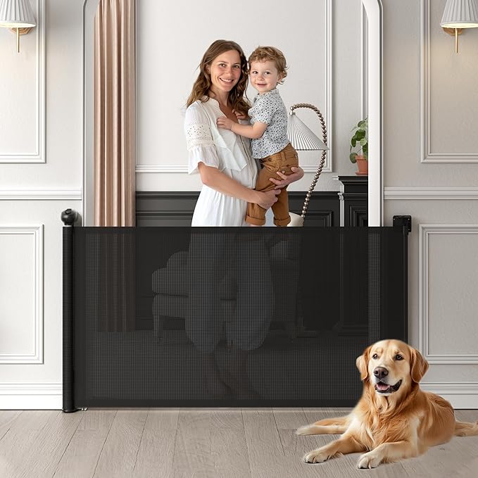 Retractable Baby Gate, Baby Gate for Stairs Auto-Lock, Dog Gates for Doorways Safety, Extends to 34.5x55in, Black