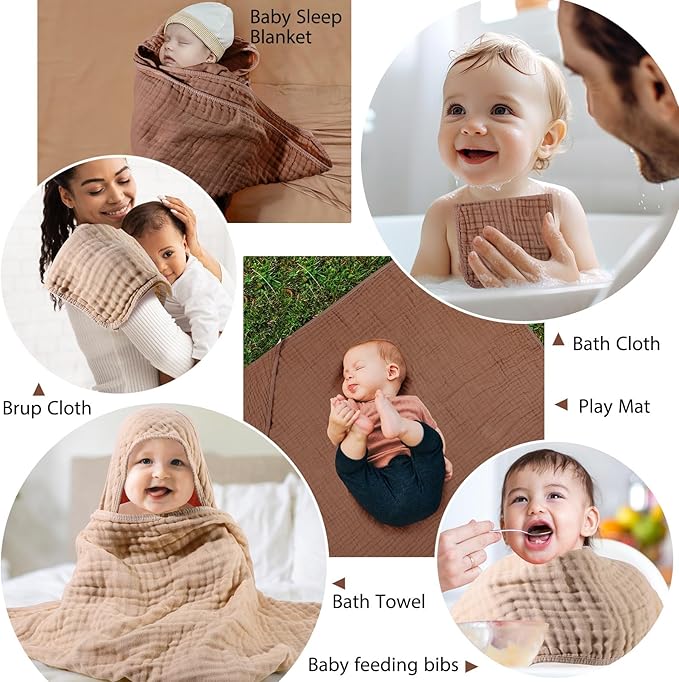 VitalCozy 6 Pcs Baby Muslin Hooded Bath Towels and Washcloths, 32 x 32 Inch Muslin Cotton Hooded Baby Towels Absorbent Hooded Blankets for Gift Newborn Infant Shower (Brown,Coffee)