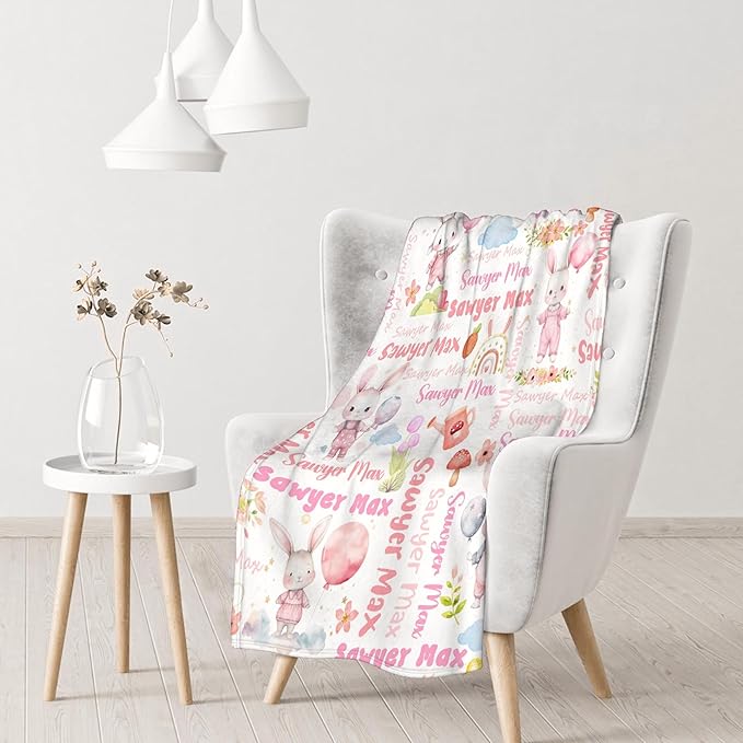 Personalized Custom Baby Blanket with Name - Bunny Swaddle Blanket for Toddlers, Infants, Kids, Newborns - Nursery Stroller Crib Decor Throw - Birthday Gift