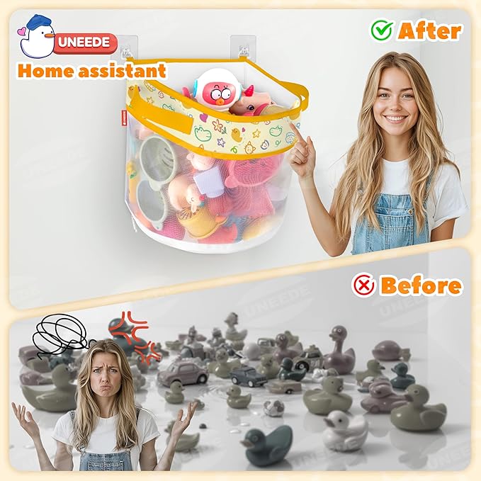 UNEEDE Duck Print Bath Toy Organizer, 4.15 Gallons Bathtub Toy Holder, Quick Dry Mesh Shower Caddy, Yellow Duck Stuff