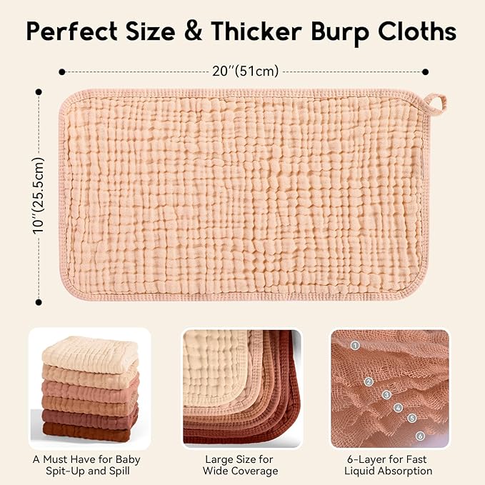 Muslin Burp Cloths for Baby 100% Cotton Burping Cloths for Boys Girls Large 20''X10'' Extra Soft and Absorbent 12 Pack - Gradient Caramel