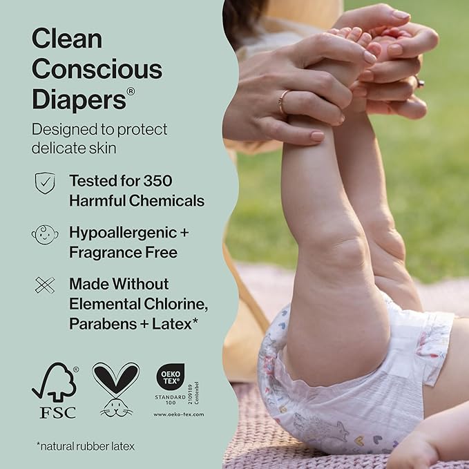 The Honest Company Clean Conscious Diapers for Delicate Skin | Up to 100% Leakproof | Hypoallergenic, Fragrance Free | Fall '25 Limited Edition Prints | Club Box, Size 1 (8-14 lbs), 78 Count