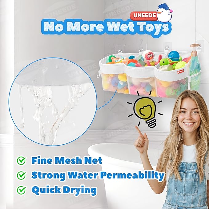 UNEEDE 3 Compartment Horizontal Bath Toy Organizer for Tub,Extra Large Capacity 4.95 Gallons Bath Toy Storage Holder,Mesh Quick Dry Bathtub Storage and Organizer,Easy Access Baby Bathtub Holder