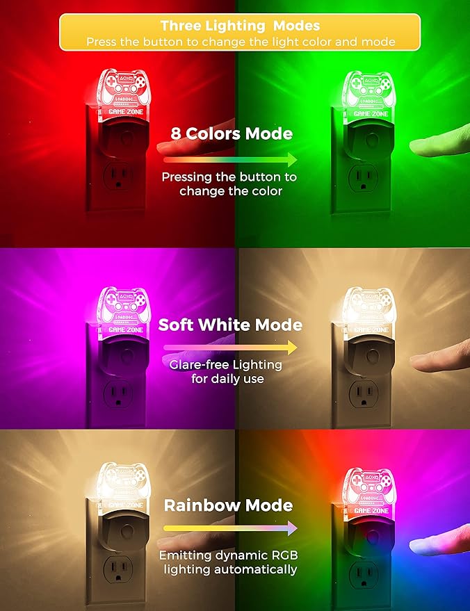 LED Game Sign Gamepad Shape Night Light, Plug in Night Light with Multi Color Personalized, Dusk to Dawn Sensor, Ideal for Boys, Game's Room Decor, Bedroom