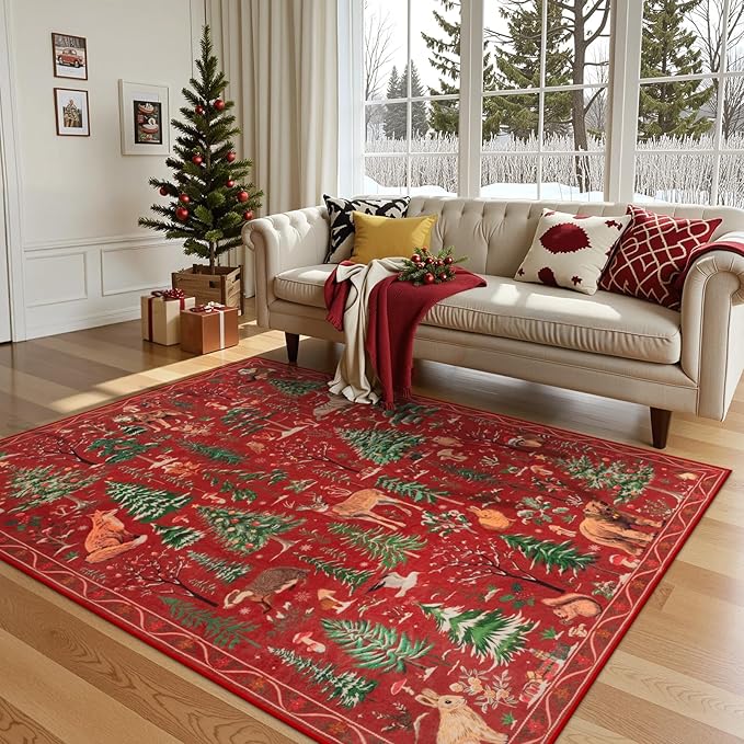 OJIA Christmas Rugs 5x7 Washable Rugs for Living Room, Xmas Red Holiday Rug Soft Animal Bedroom Carpet Ultra-Thin Entryway Rug, Non-Slip Throw Carpet for Kids Nursery Playroom Dining Room
