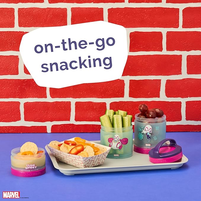 Whiskware Spider-Man Team Spidey Stackable Snack Containers for Babies, Kids, and Toddlers, 3 Stackable Snack Cups for School or Travel, Cupholder Friendly, Gwen Stacy