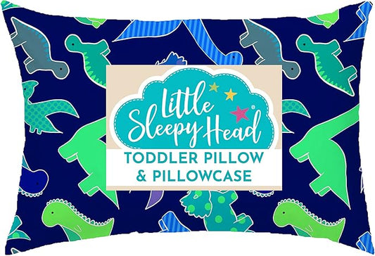 Little Sleepy Head Toddler Pillow with Pillowcase 13x18 - Kids Pillow for Sleeping - Better Neck Support Ergonomic Pillow and Toddler Pillowcase - Best Pillows for Kids (Dinosaurs Blue)