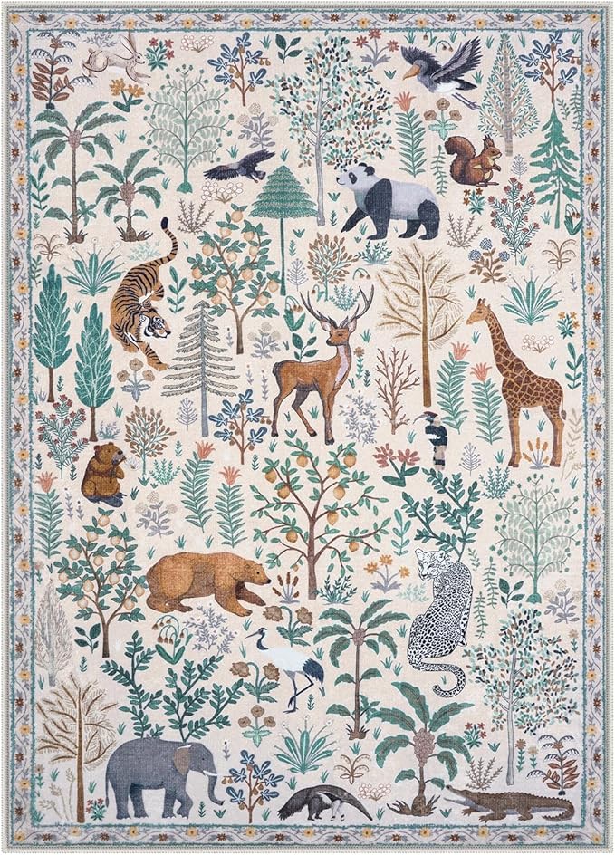 OJIA Jungle Living Room Rug 9x12 Washable Rugs for Bedroom, Ultra-Thin Modern Beige Non-Shedding Large Area Rug Playroom Rug Non-Slip Stain Resistant Accent Carpet for Kids Room Dining