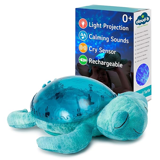 Cloud b Tranquil Turtle Aqua - White Noise Machine Baby, Baby Night Light & Portable White Noise Machine - Soothing Ocean Waves & Underwater Melodies, Cry Sensor, Rechargeable, Eco-Friendly