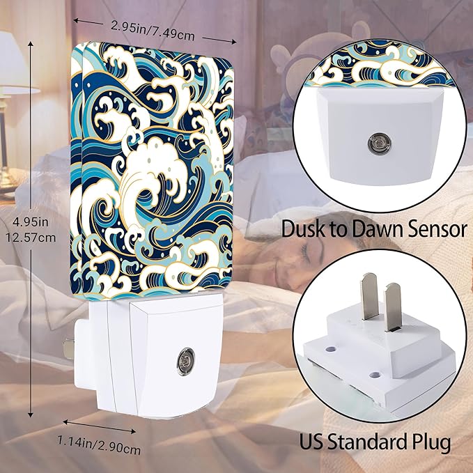 Vintage Sea Waves Dusk to Dawn Night Light, Auto Sensor Lamp Home Indoor Stairway Kitchen Corridor, Night Lights Plug into Wall Decor, Boys Girls Women Men Room Gifts