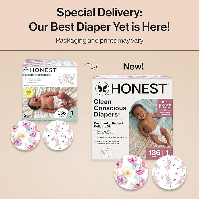 The Honest Company Clean Conscious Diapers for Sensitive Skin, Up to 100% Leakproof Hypoallergenic Fragrance-Free Baby Diapers, Girl Prints, Super Club Box, Size 1 (8–14 lbs), 136 Count
