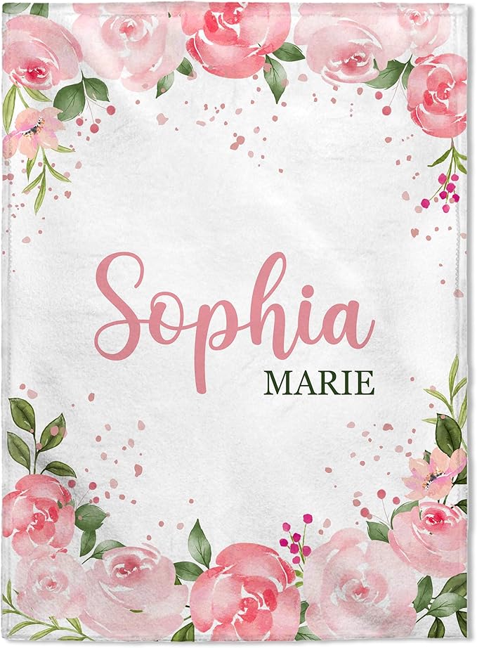 FLOCHIL Personalized Baby Blanket for Girls, Custom Baby Blanket with Name, Customized Baby Products, Gift for Baby, Newborn, Baby Shower (Floral 1)