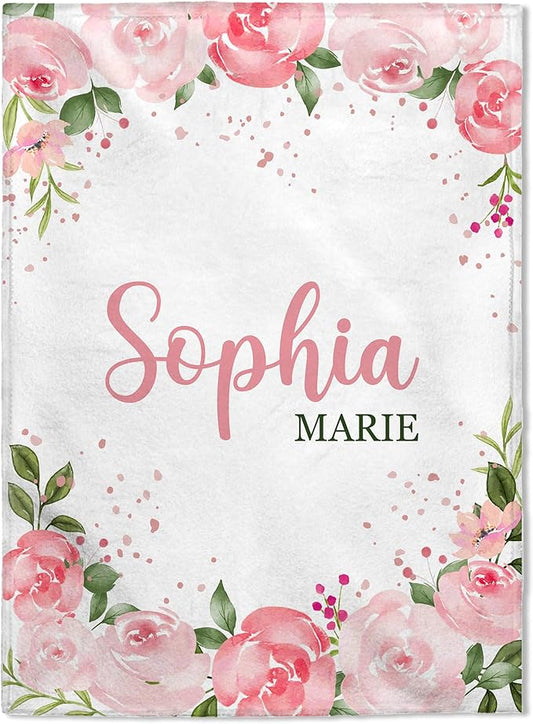 FLOCHIL Personalized Baby Blanket for Girls, Custom Baby Blanket with Name, Customized Baby Products, Gift for Baby, Newborn, Baby Shower (Floral 1)