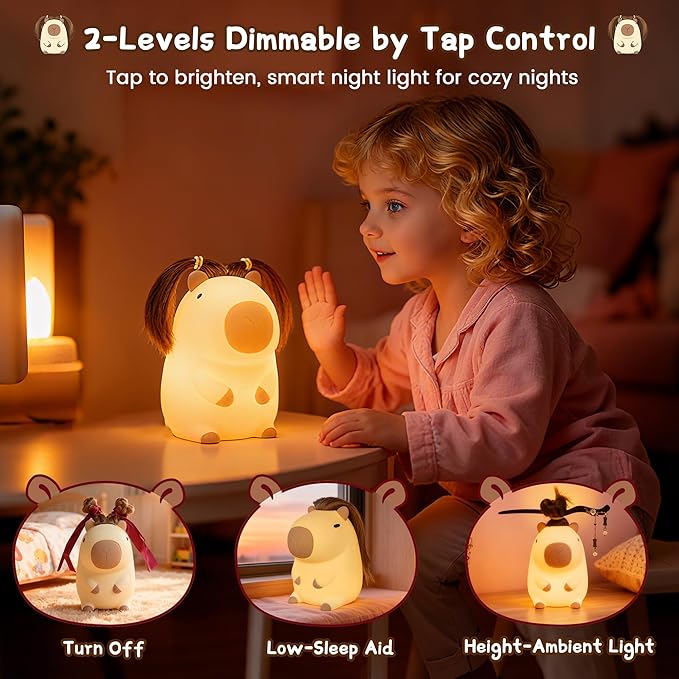 Cute Capybara Night Light with DIY Hairstyle ,Funny Squishy Silicone Animal Night Lamp, Dimmable/Timer Nursery Nightlight for Kids, Rechargeable Touch Bedside Lamp, Bedroom Decor, Baby Boys Girls Gift
