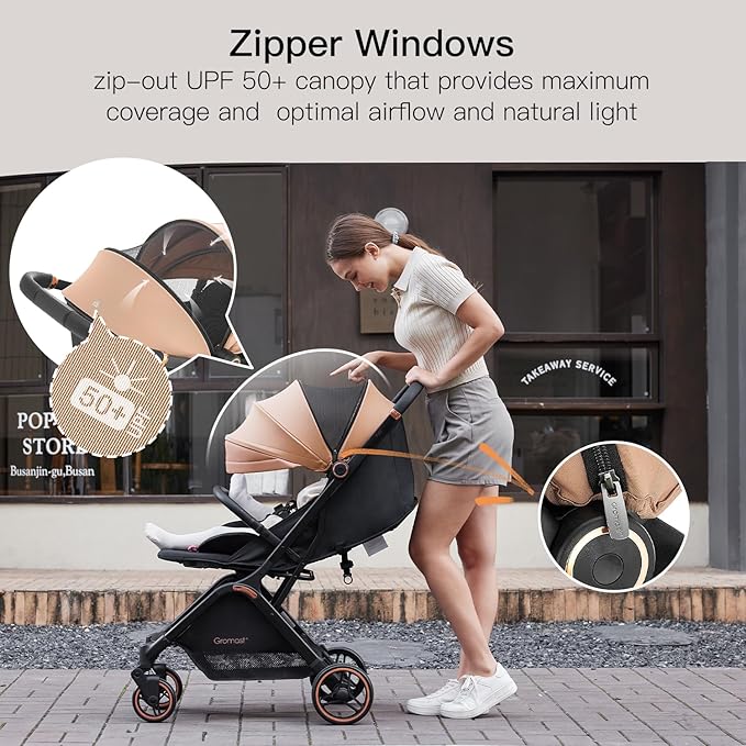 Gravity Folding Baby Stroller - Portable Travel Toddler Stroller w/Adjustable Backrest & Canopy, Cup Holder, Lightweight and UV Protected, One-Hand Automatic Folding - Khaki