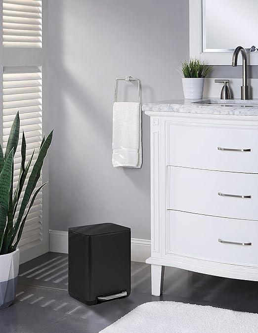 SunnyPoint 6 Liter(1.58 Gallon) Small Trash Can with Plastic Inner Buckets; Rectangle Bathroom, Office, Kitchen, and Bedroom Step On and Slow Close (BLK)