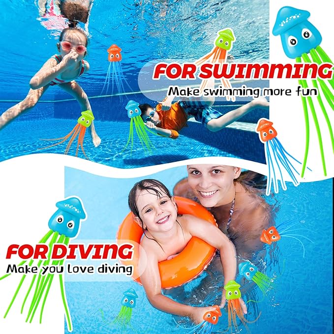 Leitee 6 Pcs Octopus Bath Toys Squid Swimming Pool Dive Toys Sensory Stress Relief Cute Pool Diving Toys for Summer Tub Bathtub Water Goodie Bag Fillers, 3 Styles
