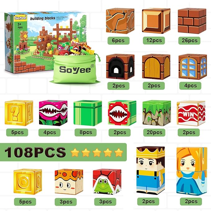 108PCS Magnetic Blocks Building Toys - 1'' Magnet Building Blocks Build Mine Magnet World Game Adventure Set Cubes Boys Girls Toys Ages 3-5 4-6 5-7 6-8 Kids Gifts for 3-12 Years Old School Supplies