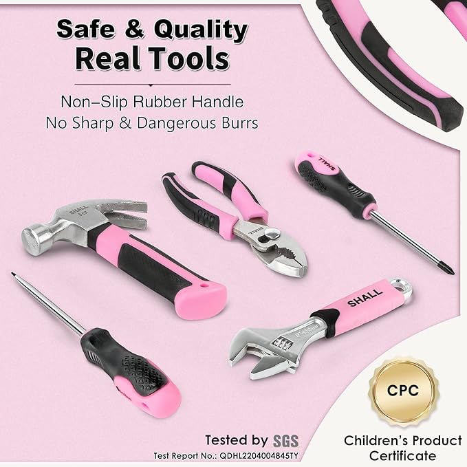 SHALL 26-Piece Kids Size Tool Set, Pink Real Tools for Kids with 12" Tool Bag, Safety Certified Children Learning Tool Kit with Hand Tools for Boys & Girls Age 6+, DIY Building, Woodwork, Construction