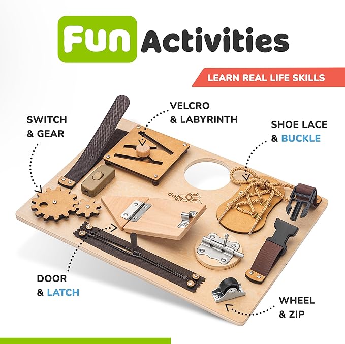 deMoca Sensory Busy Board for Toddlers, Premium Wooden Toddler Busy Board for 1 2 3 Year Old with 10 Educational Activities for Fine Motor Skills, Fidget Activity Toy for Travel Toy (Nature - Large)