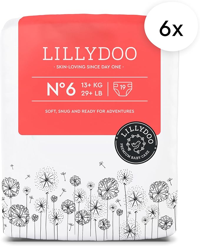 LILLYDOO Baby Diapers - Size 6 (29+ lbs), Monthly Supply (114 Count), Leak Protection, Skin-Friendly, Ultrasoft, Perfume- & Chlorine-Free, Hypoallergenic, Dermatologist Tested, Oeko-TEX®