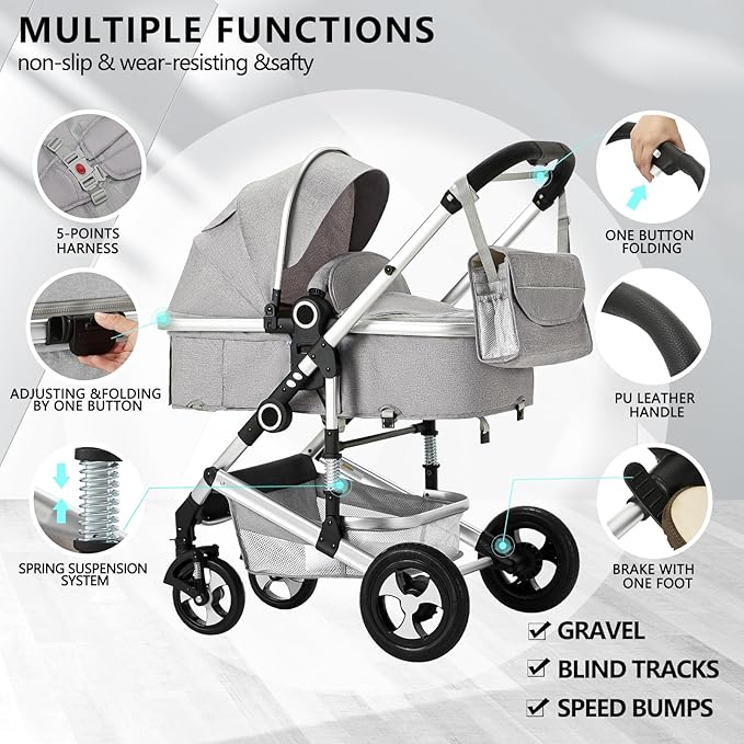 Kinder King 2 in 1 Convertible Baby Stroller, Folding High Landscape Infant Carriage, Newborn Reversible Pram, Adjustable Canopy, Diaper Bag, Anti-Shock Toddler Pushchair Stroller, Light Grey