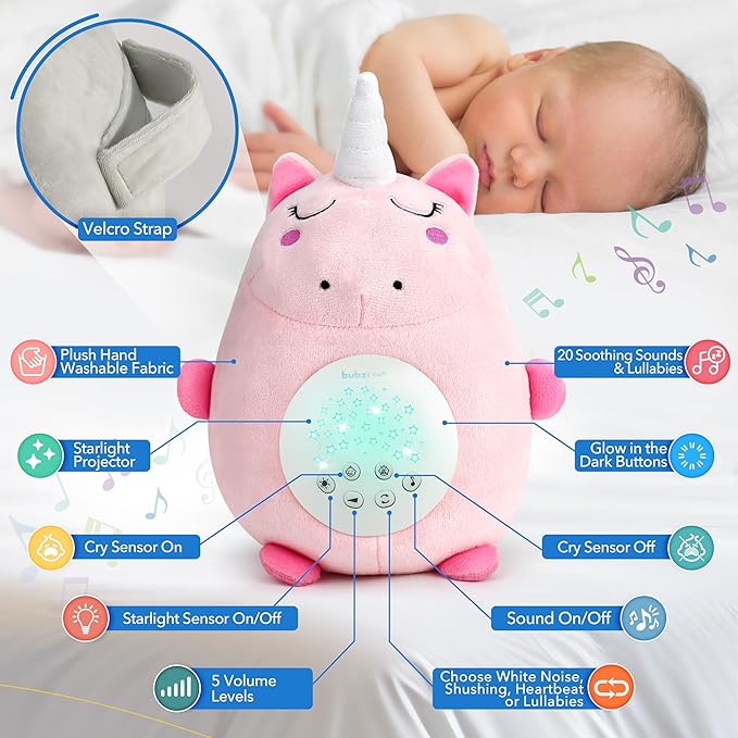 Bubzi Co Unicorn Baby Sound Machine & Night Light Projector, Portable Sleep Aid with White Noise & Soothing Shush Sounds