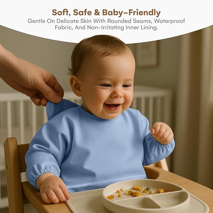 CHILDLIKE BEHAVIOR Baby Smock Bib - Waterproof Travel Buddy, Mess-Proof Feeding - Long Sleeves, Gentle Closure- Two-Layer