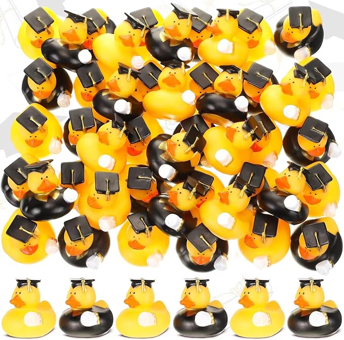 52 Pcs Graduation Rubber Duck 2025 Graduation Diploma Rubber Duckies Grad Cruise Duck Bulk Classroom Reward Prize for Student Bathtub Swimming Pool Theme Party Favors (Black Gold Color)