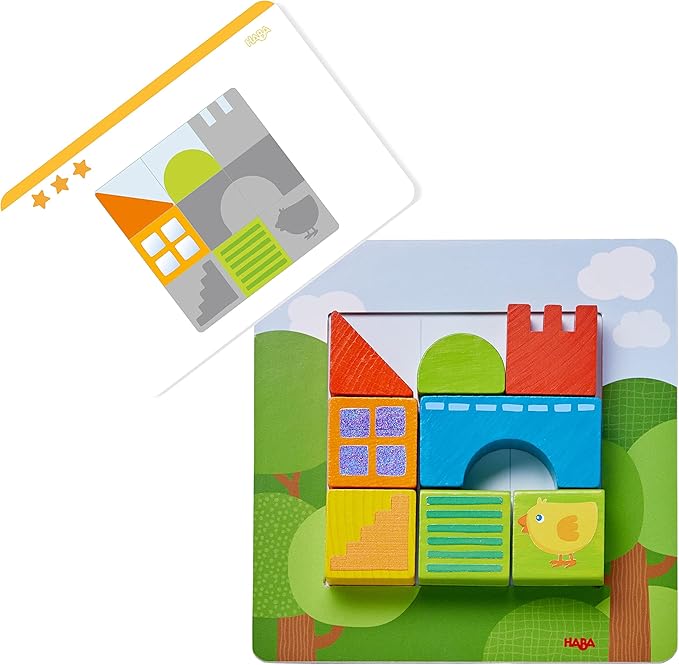 HABA Animal Squares Chunky Wooden Puzzle Building Blocks Arranging Game with Template Cards, Montessori Toys Toddler Puzzle Ages 2+ (Made in Germany)