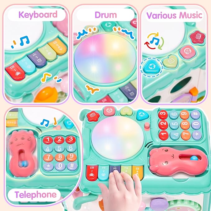 Baby Gift for 1-2 Year Old Girl, 10-in-1 Montessori Toys Bus for Baby 6-12-18 Months+, First Christmas and Birthday Gifts, Blue Educational Musical Sensory Learning Toddler Toys Age 1-2