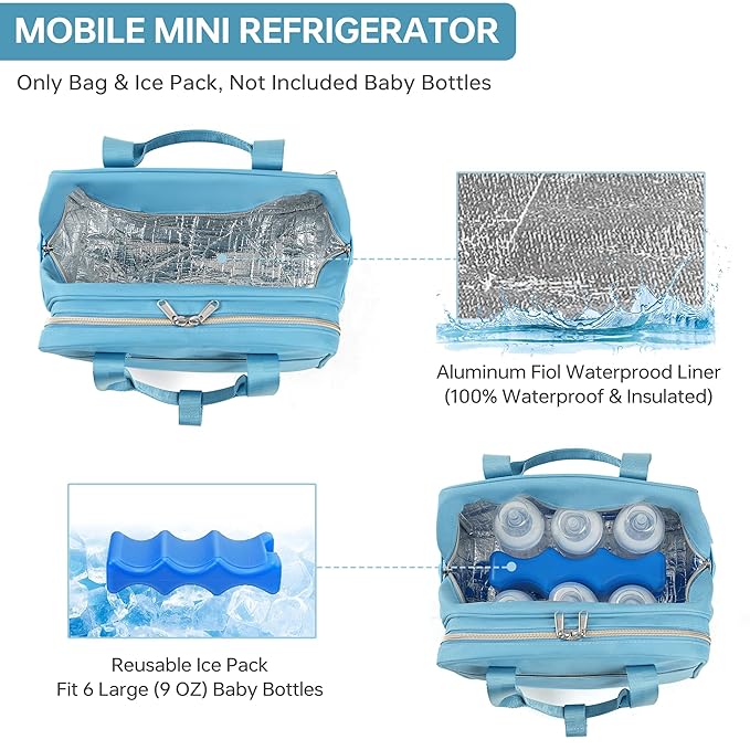 Breastmilk Cooler Bag with Ice Pack,Fits 6 Baby Bottles Up to 9 Ounce Breast Milk Cooler Travel Bag Compatible with Wearable Breast Pumps & Accessories for Nursing Mom Daycare Blue