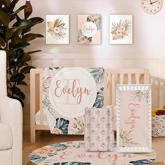 Personalized Nursery Crib Bedding Set: Custom Name 5 Piece Baby Crib Sets with Bohemian Flowers - Toddler Double Layer Blanket Set, Comfortable Crib Bed Sheets for Baby Gril