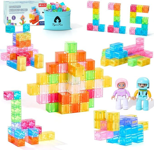 Magnetic Blocks Set, Magnet Building Blocks with Toy Figurine and Storage Bag for Kids Gifts, STEM Educational Preschool Sensory Toys for Toddlers Boys Girls Ages 3-12(Transparent)