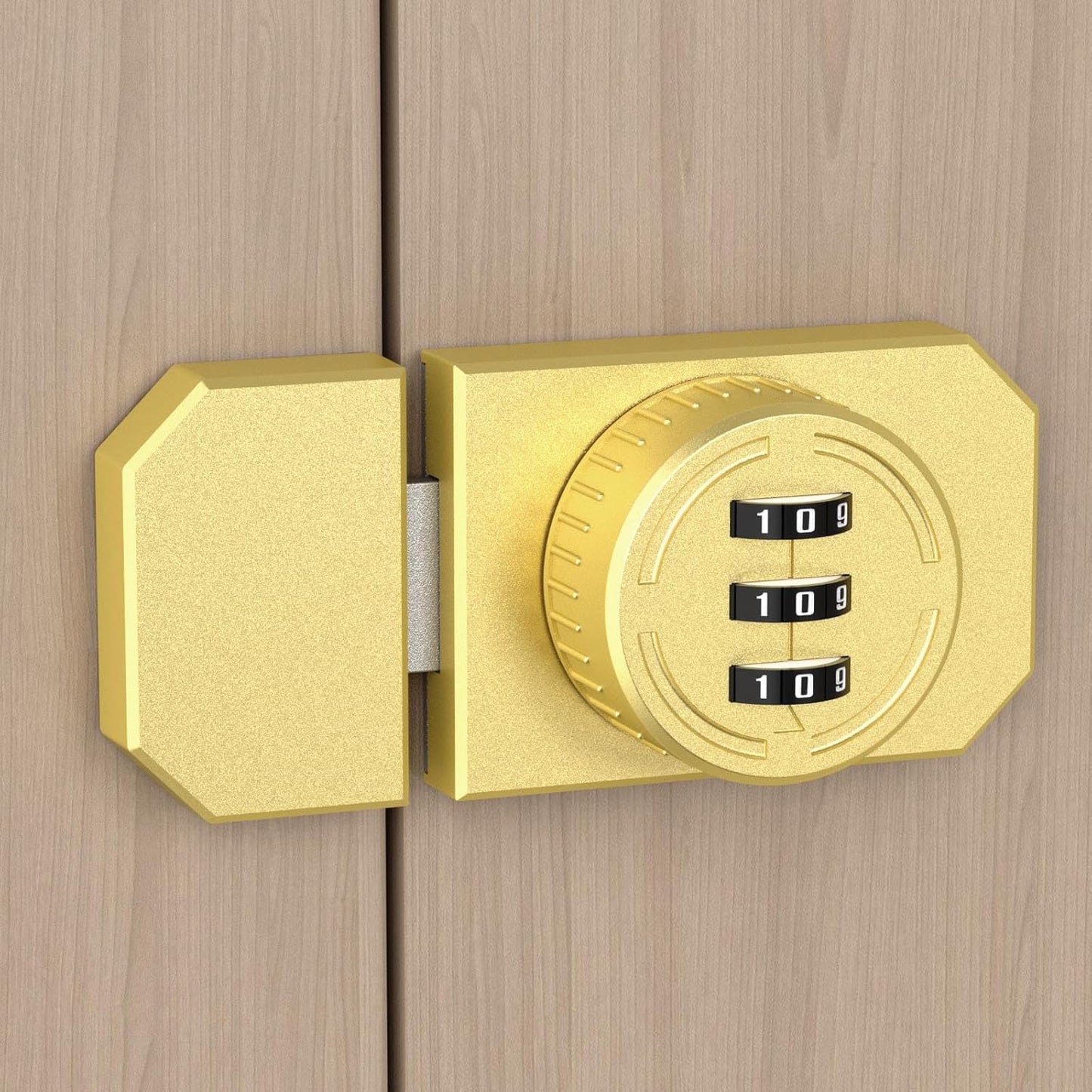 Keyless 3-Digit Combination Lock, Mechanical Stick-on Drawer Latch, Security Adhesive Cabinet Lock for Closet & Barn One-Way Doors (1, Gold)